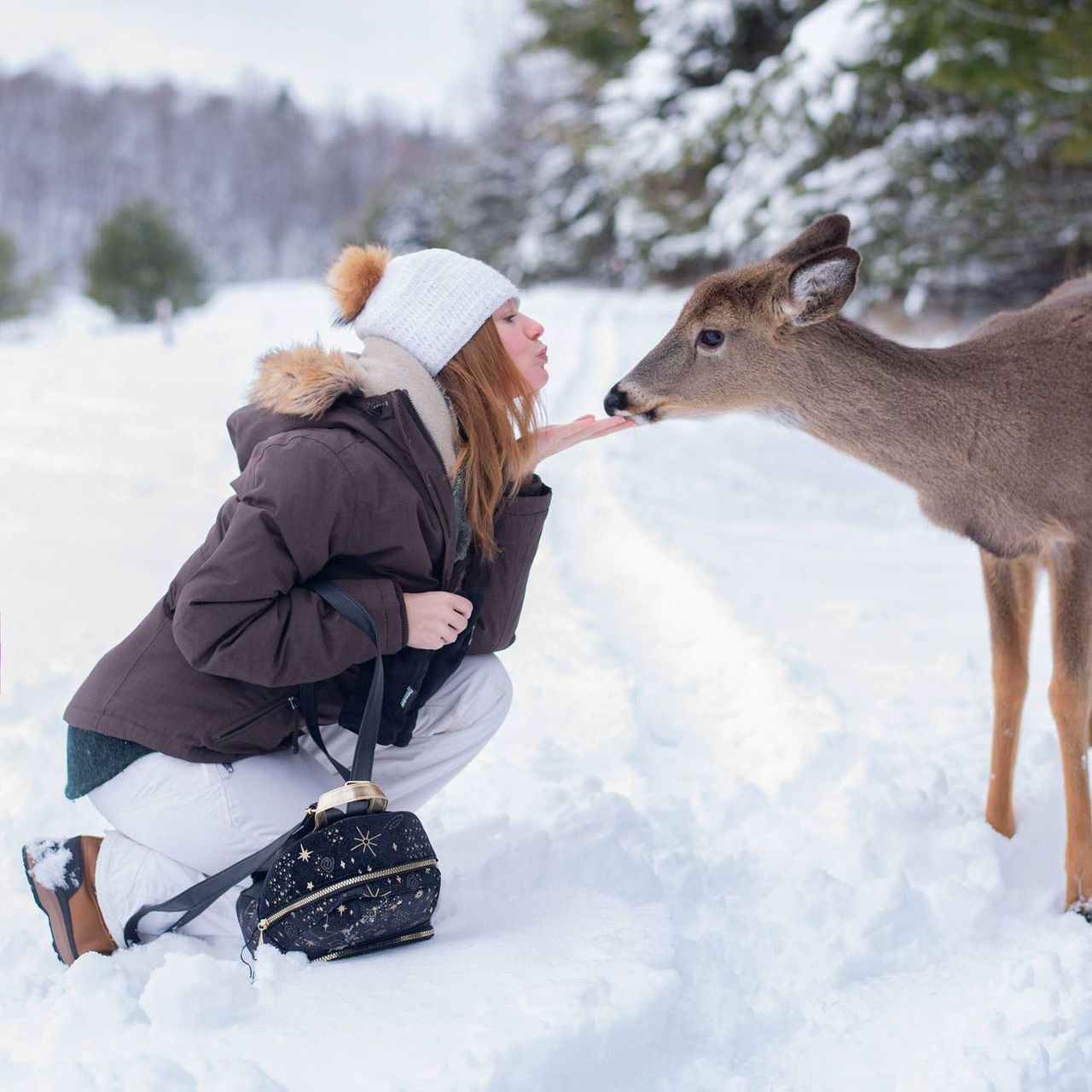 Une femme au Canada qui embrasse une biche sur le museau